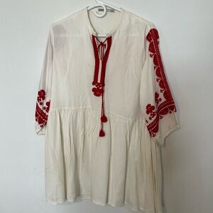 Elegant White Women short dress with Red Embroidery